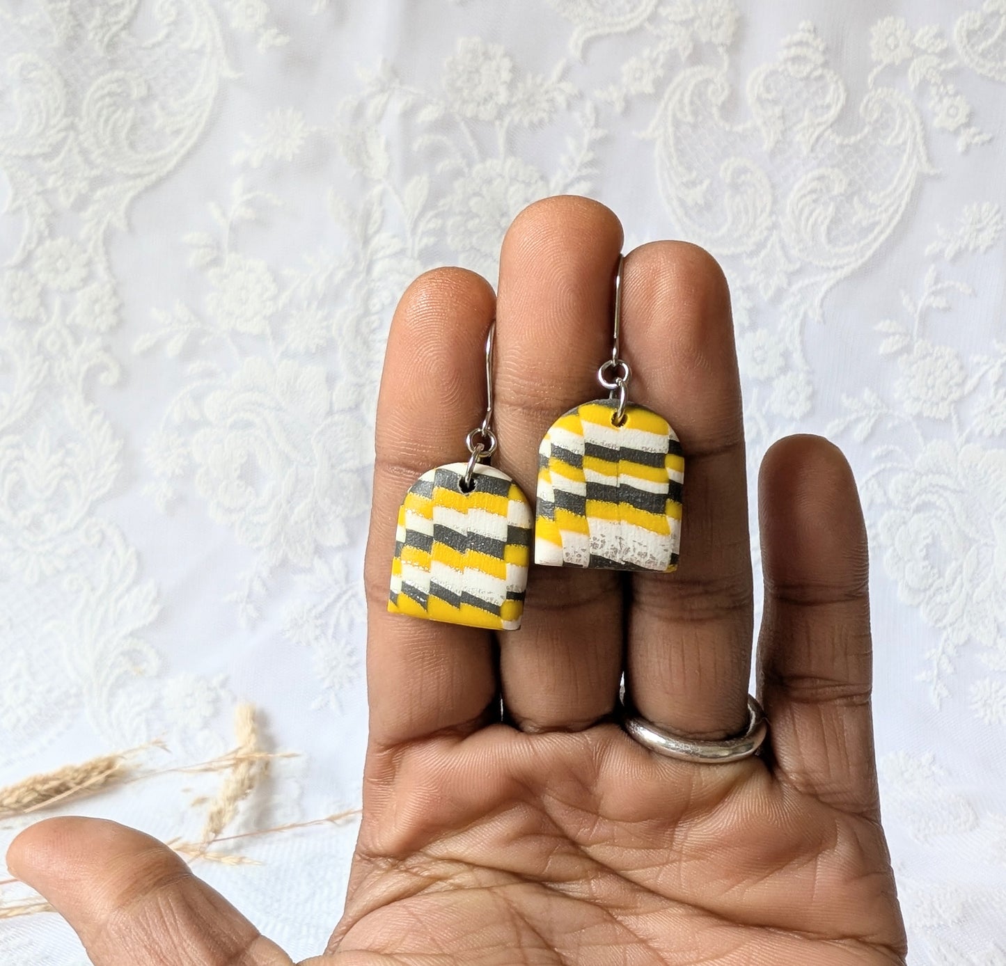 Handcrafted Yellow and Black Checkerboard Polymer Clay Earrings